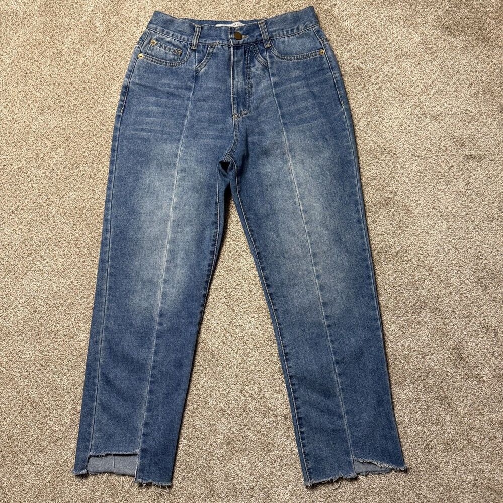 Fano Studios Parisian Chic Seamed Raw Asymmetric Step Hem Blue Jeans Size S